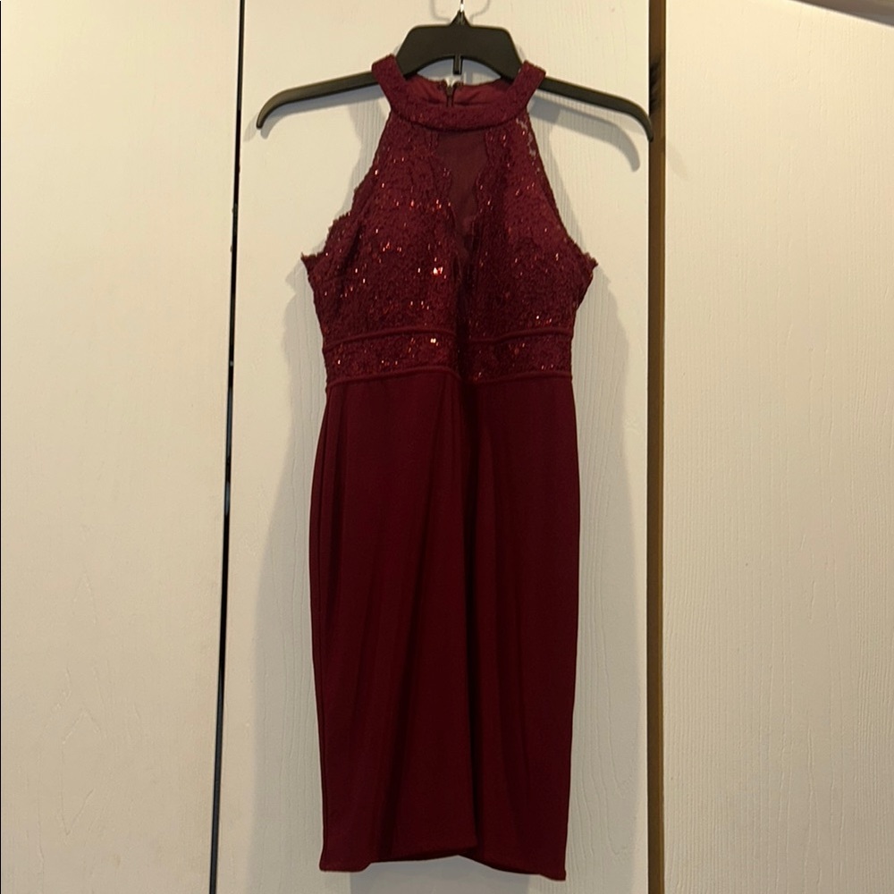 Morgan & Co Red Sequin Halter Sheath Dress